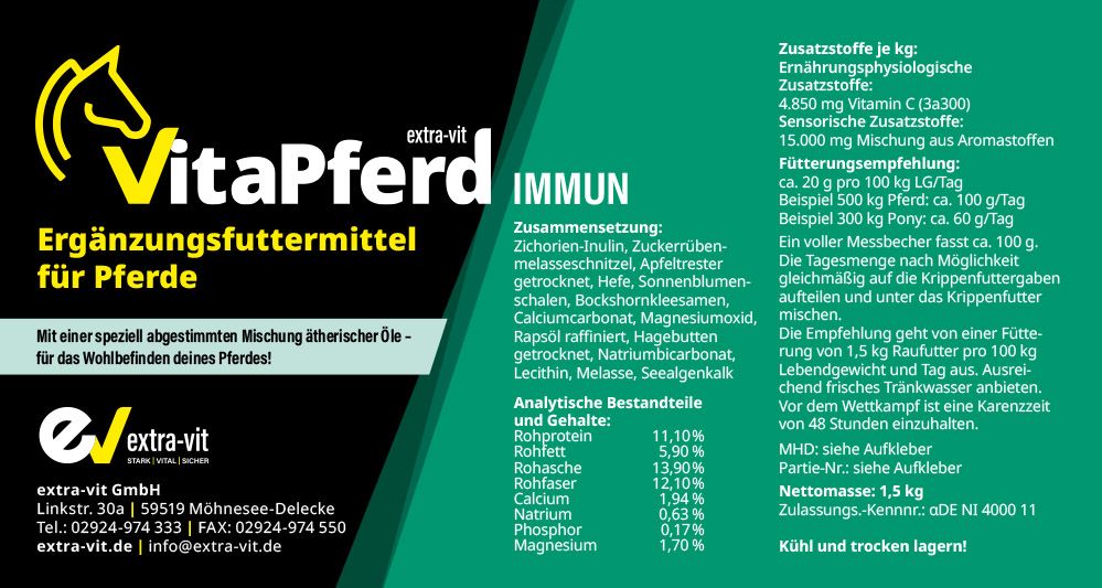 VitaPferd Immun ist ein Ergänzungsfuttermittel zur natürlichen Unterstützung des Immunsystems bei Pferden – ideal zur Vorbeugung oder zur Regeneration nach Krankheit, Stress oder Wetterumschwüngen. VitaPferd Immun ist ein Ergänzungsfuttermittel zur natürlichen Unterstützung des Immunsystems bei Pferden – ideal zur Vorbeugung oder zur Regeneration nach Krankheit, Stress oder Wetterumschwüngen.